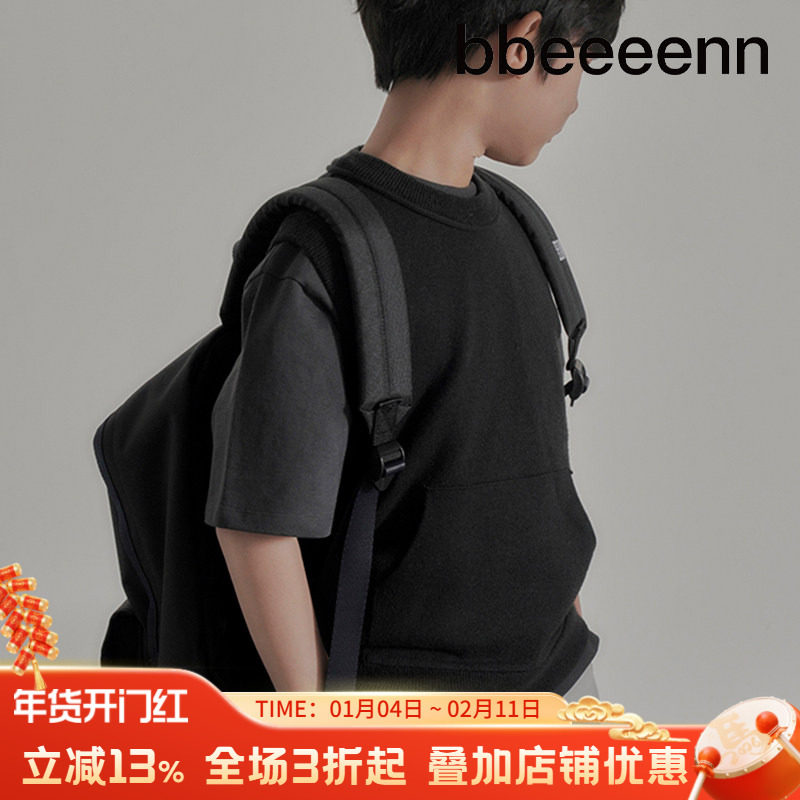 bbeeeenn春季新款男女儿童中大童针织马甲简约学生圆领鼠袋毛背心