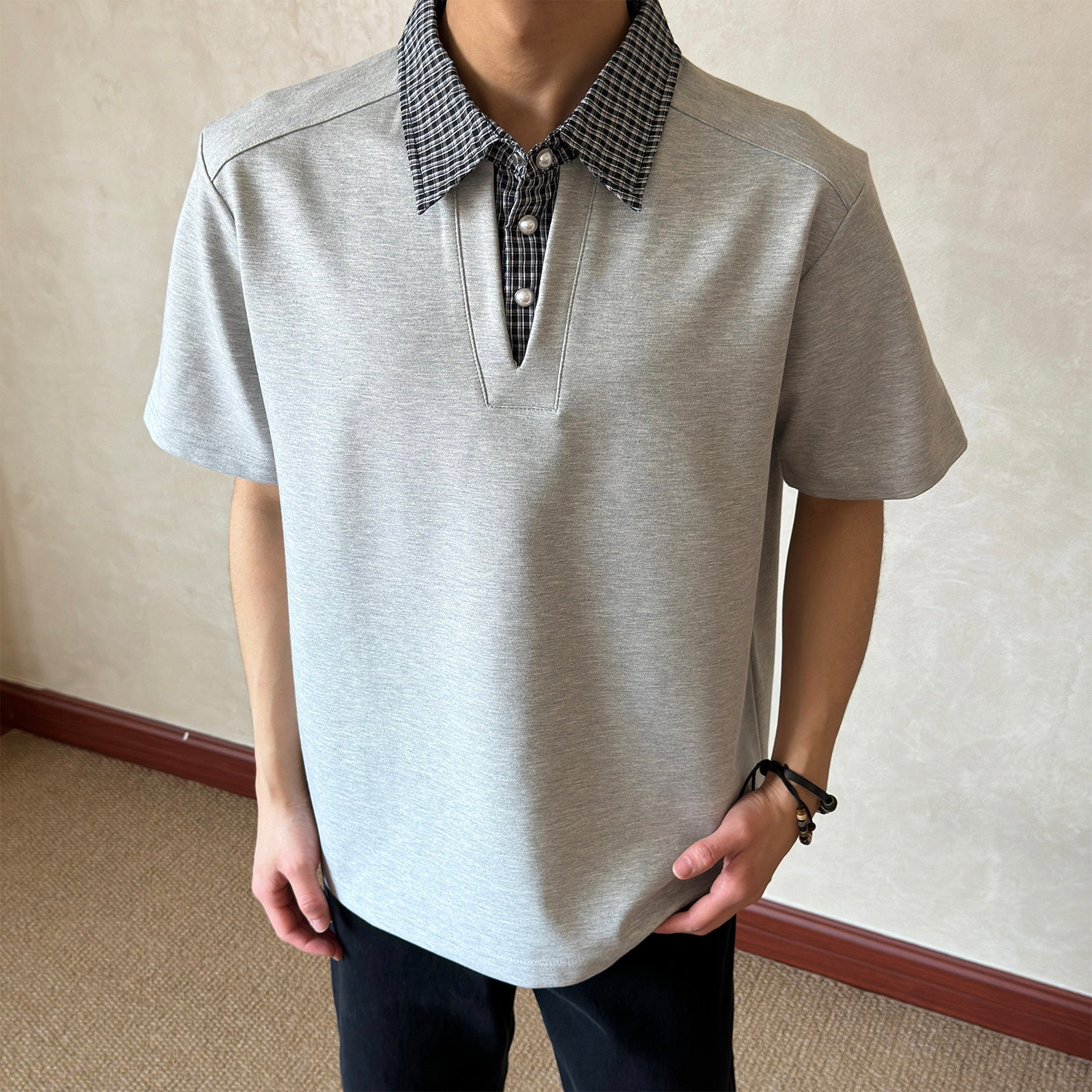 布老哥Blog拼接假两件V领格子短袖短宽显高320克