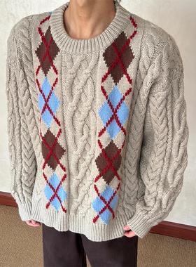 布老哥Blog秋冬学院风氛围感菱格毛衣百搭宽松保暖麻花针织衫W631