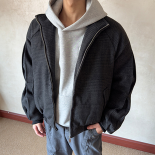 布老哥Blog冬季 复古巴恩风立领格纹棉服BOXY短宽显高保暖棉衣W585