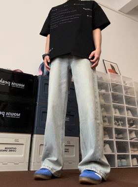布老哥Blog 复古做旧蓝色牛仔裤美式裤脚解构宽松直筒裤百搭K673