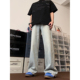 复古做旧蓝色牛仔裤 美式 裤 布老哥Blog 脚解构宽松直筒裤 百搭K673