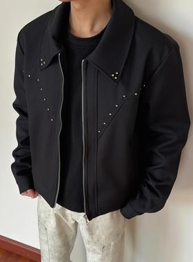 布老哥Blog春季立体剪裁铆钉夹克cleanfit短宽显高翻领外套W411