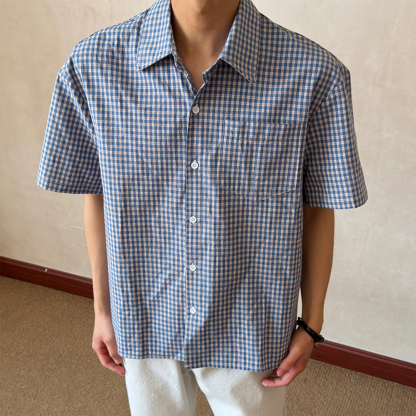 布老哥Blog百搭"MIU"系彩色条纹衬衫短袖cleanfit短宽显高T恤D271