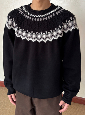 布老哥Blog秋冬氛围感费尔岛圆领毛衣宽松百搭慵懒风针织上衣W607