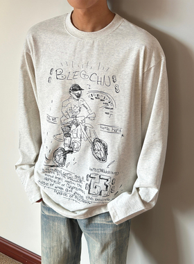 布老哥Blog美式复古趣味手绘印花长袖短宽cleanfit显高上衣秋W442