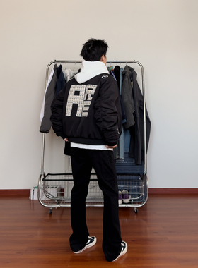 布老哥Blog美式撞色字母刺绣飞行夹克棉服宽松百搭显高棉衣冬W339