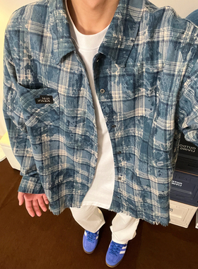 布老哥Blog 美式复古扎染长袖格子衬衫秋季百搭个性薄款外套W135