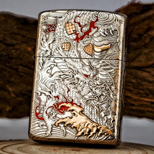 龙凤呈祥佐罗煤油防风打火机砂轮白铜浮雕镶嵌深雕立体 鹰皇