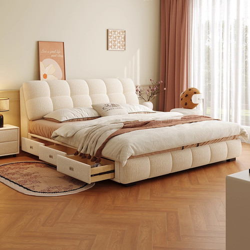 现代简约雪尼尔绒布艺床泡芙床主卧高端大气1.8米储物双人床婚床