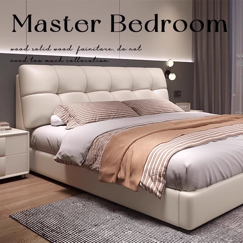 意式极简真皮床主卧室大床现代简约高端大气1米8双人床软包储物床