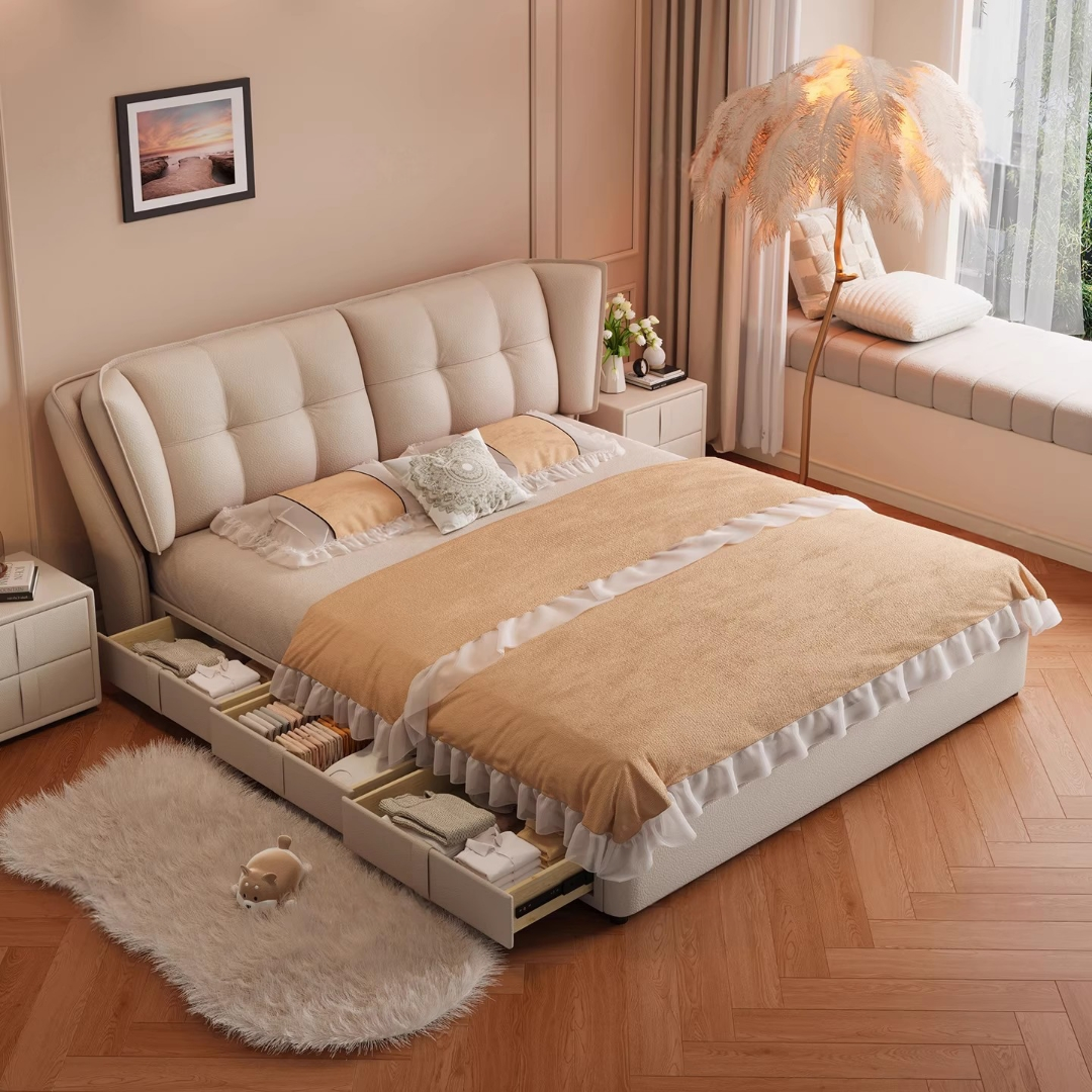 奶油风网红泡芙真皮床主卧室大床现代简约1米8双人床软包储物婚床