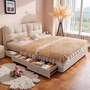 奶油风真皮床网红泡芙床现代简约小户型储物床1米8双人主卧软包床