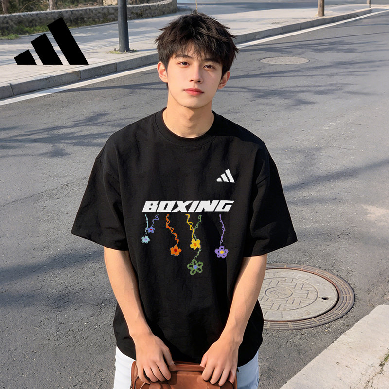 阿迪达斯t恤潮流印花短袖男夏季时尚宽松休闲运动跑步上衣黑色棉