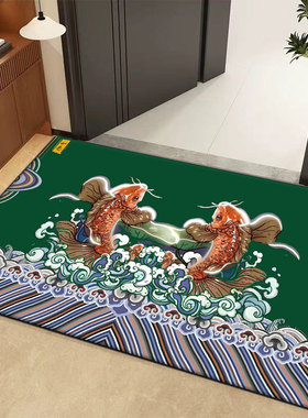 中式锦鲤入户地垫绿色进门脚垫紫色双鱼家用玄关门口地毯可裁剪