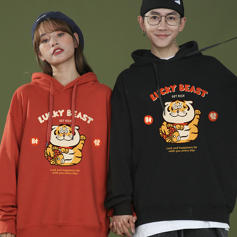 原创潮牌卡通小老虎情侣卫衣冬季加绒宽松大码男女新年红色外套潮