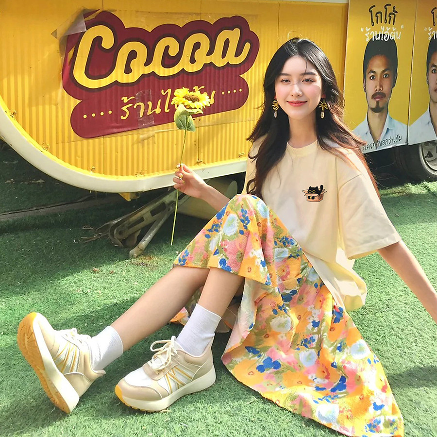 日系清新杏色T恤女软fufu猫咪印花短袖宽松显瘦夏季百搭圆领上衣