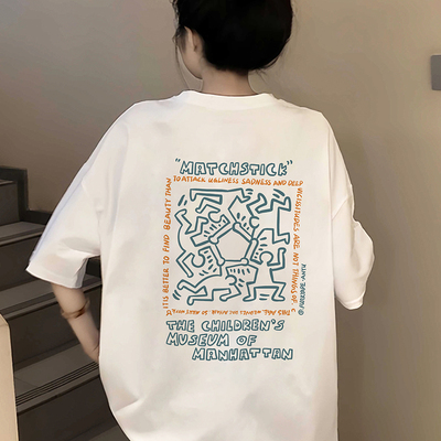 美式复古Keith Haring涂鸦短袖T恤女夏季oversize纯棉宽松上衣ins