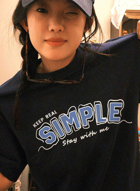 美式复古藏青色T恤女夏季SIMPLE字母印花vintage宽松街头短袖上衣