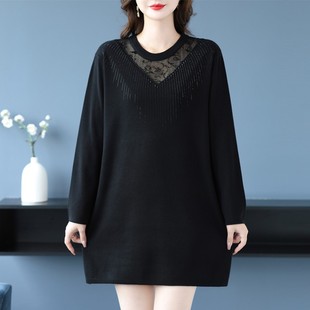 针织衫 镂空打底衫 秋冬新款 显瘦上衣女时尚 加大码 胖妈妈洋气中长款