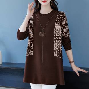 上衣中长款 打底衫 加大码 女宽松遮肉时尚 针织衫 胖妈妈秋冬洋气新款