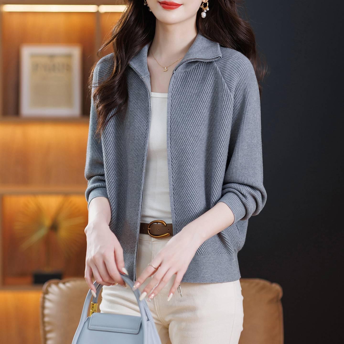 红色翻领休闲卫衣外套拉链开衫爆款女2025新款春秋棒球服立领短款