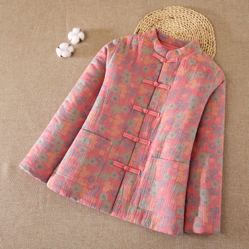 纯棉花新中式复古秋冬装女士棉服中式文艺碎花棉袄加厚保暖外套