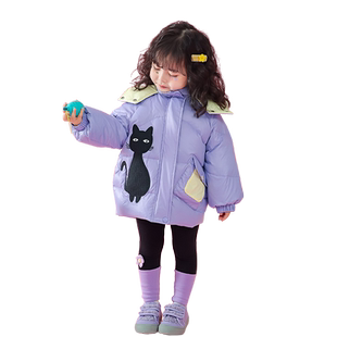 女童连帽羽绒服2025冬装新款黑色猫咪加厚90白鸭绒中长款小童外套