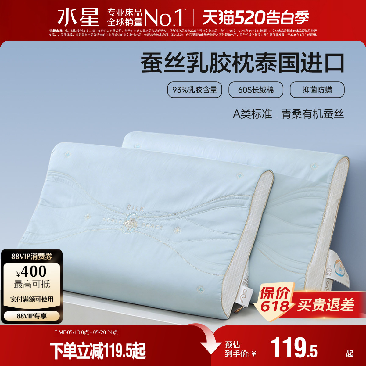 水星家纺床品93%原液进口乳胶枕A类抑菌枕头呵护颈椎辅助睡眠枕芯