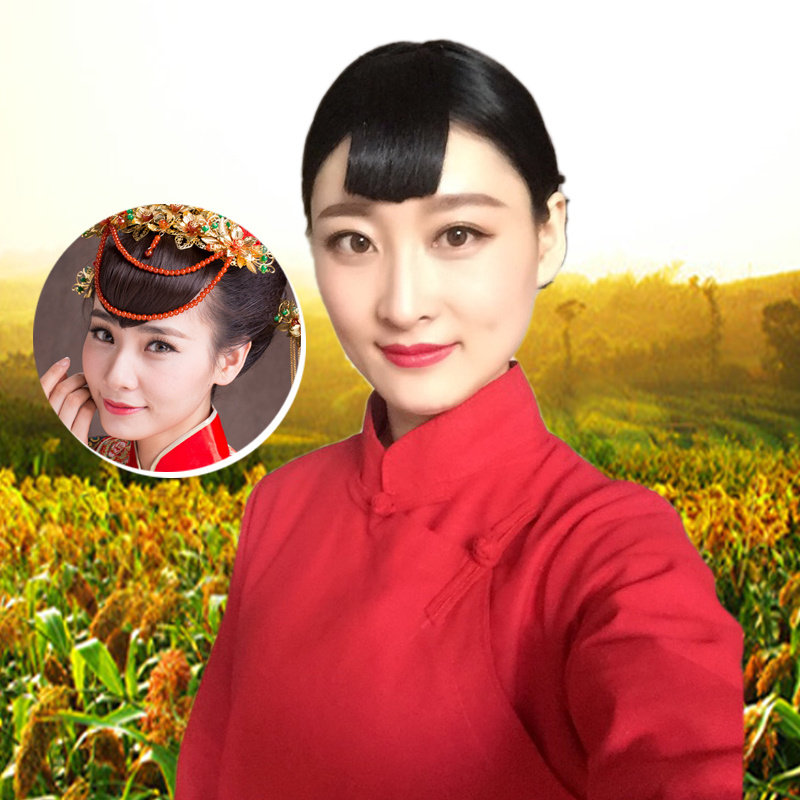 围巾蓝色包裹齐刘海辫子桃心头巾手绢