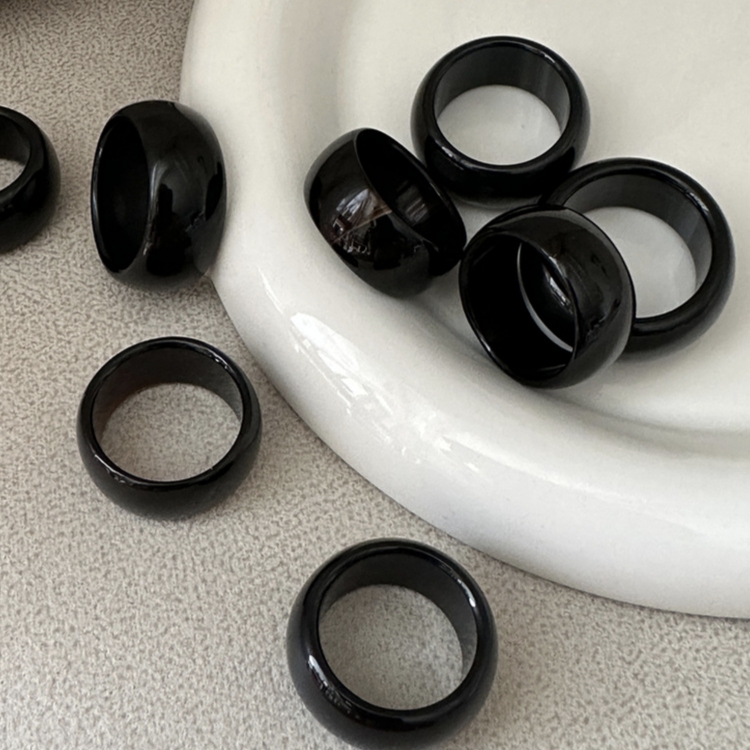 黑曜石戒指男 食指戒指 黑扳指素圈玉石戒指高级感小众