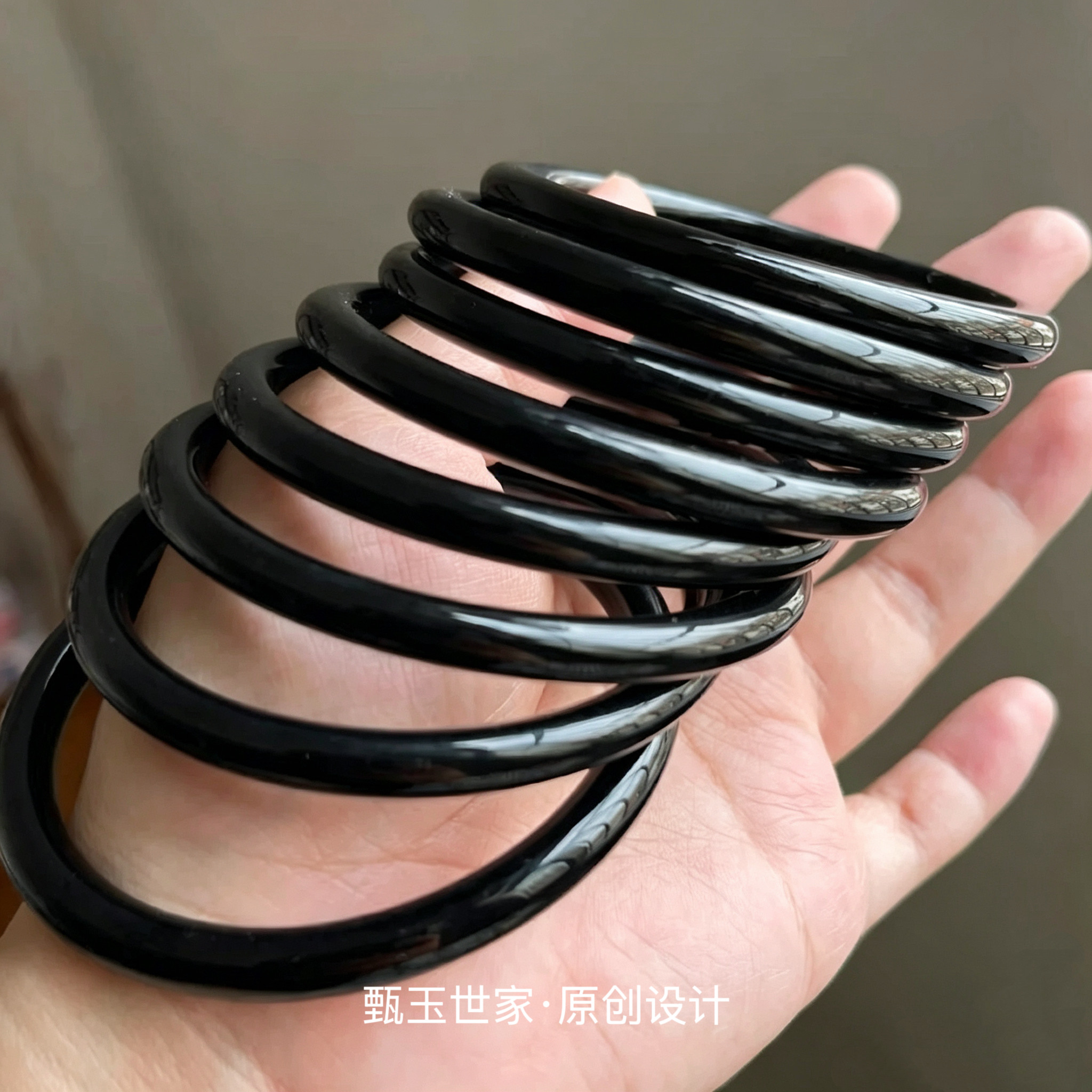 天然黑曜石叮当鐲女简约百搭黑曜石细条手镯6mm美人条玉鐲