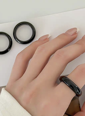 黑曜石戒指男食指戒圈素圈黑扳指素圈玉石戒指高级感小众黑戒指