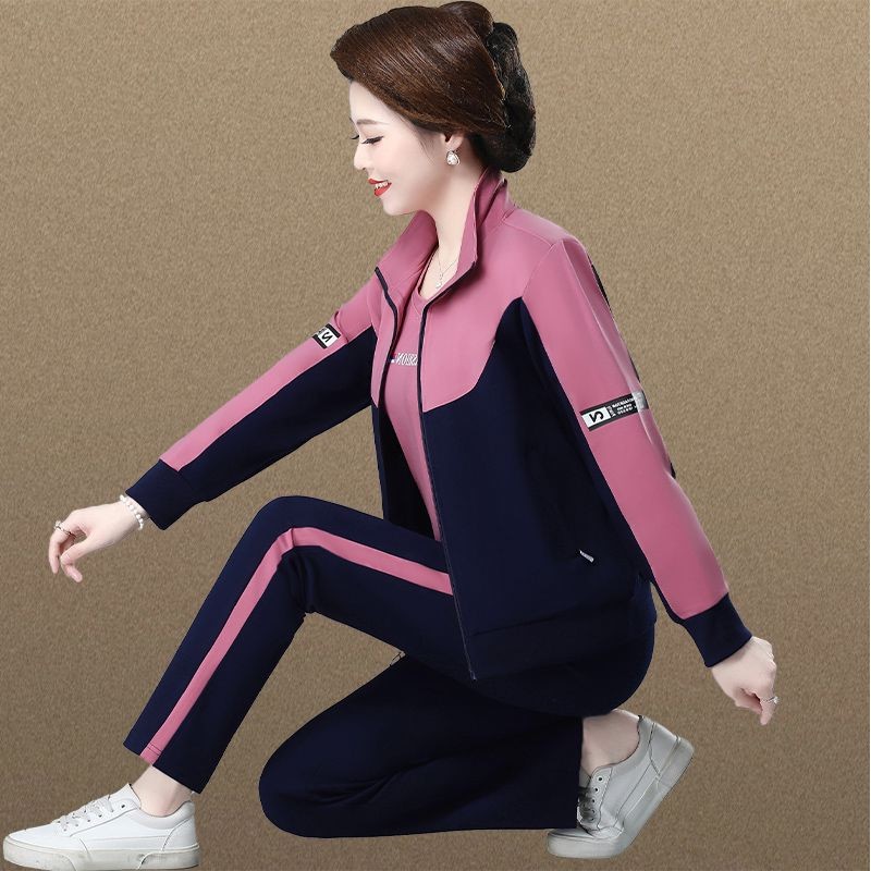 妈妈秋装外套洋气50岁中老年运动套装女春秋中年长袖休闲服三件套