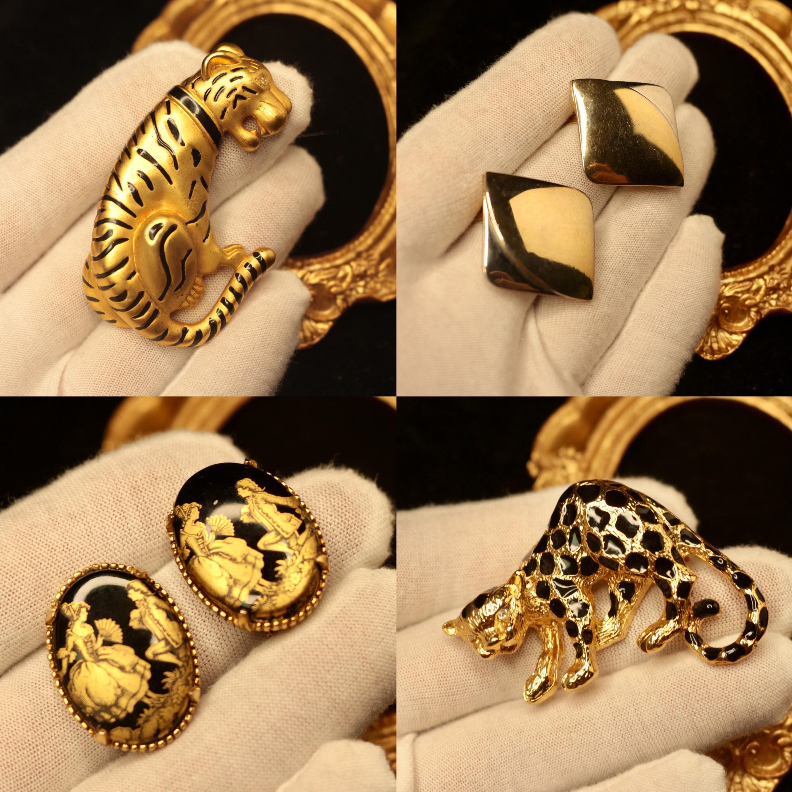 vintage中古饰品FLORENZA佛罗伦萨琉璃耳夹雾金豹子胸针b9