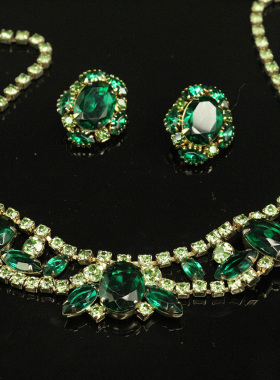 地球脑袋 vintage西洋古董首饰juliana祖母绿项链耳夹套装