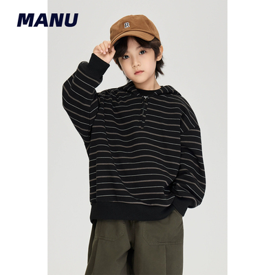 加绒复古条纹一体绒连帽儿童卫衣