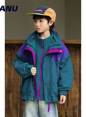 MANUKIDS童装男童25秋冬防水撞色立领三合一宽松中大童冲锋衣外套