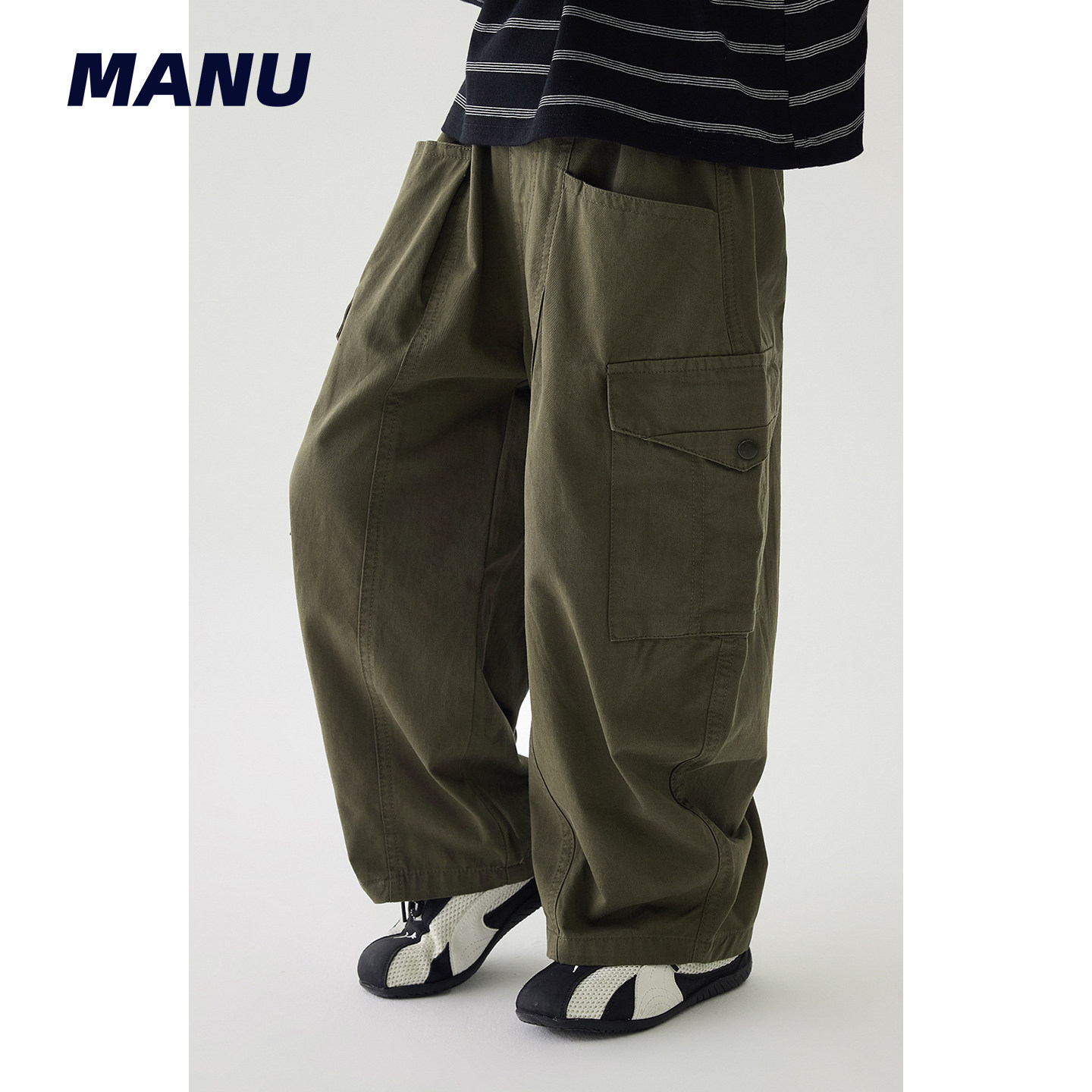 MANUKIDS童装男童26秋季复古纯色直筒阔腿口袋中大童工装休闲裤
