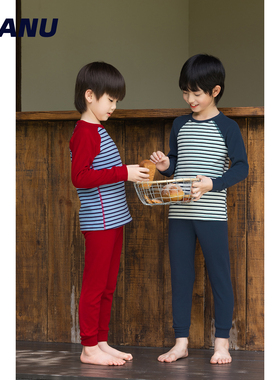MANUKIDS家居服男童25秋冬德绒复古条纹保暖加绒中大童睡衣套装
