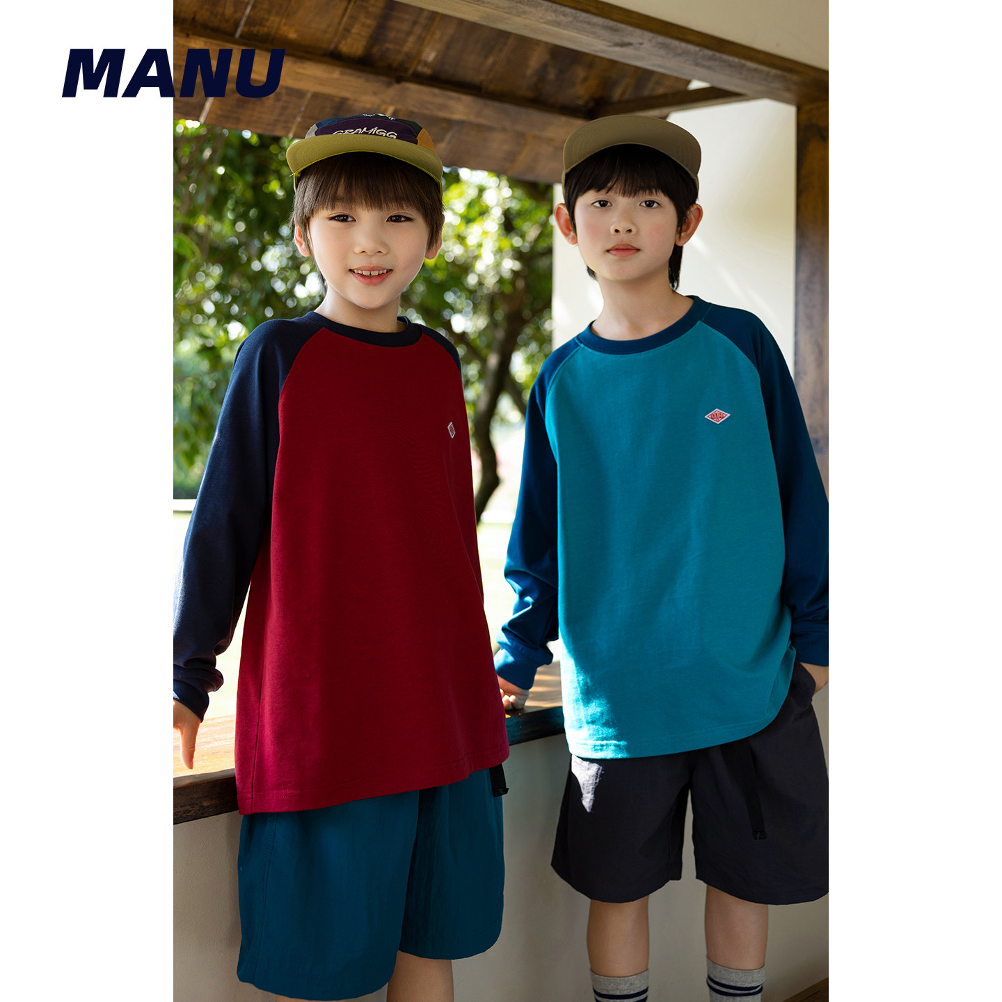 MANUKIDS童装男童26春季撞色拼色插肩纯棉宽松日系中大童长袖T恤