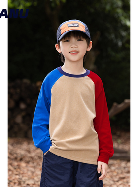 MANUKIDS童装男童25秋冬撞色拼接加绒保暖打底衫中大童长袖T恤