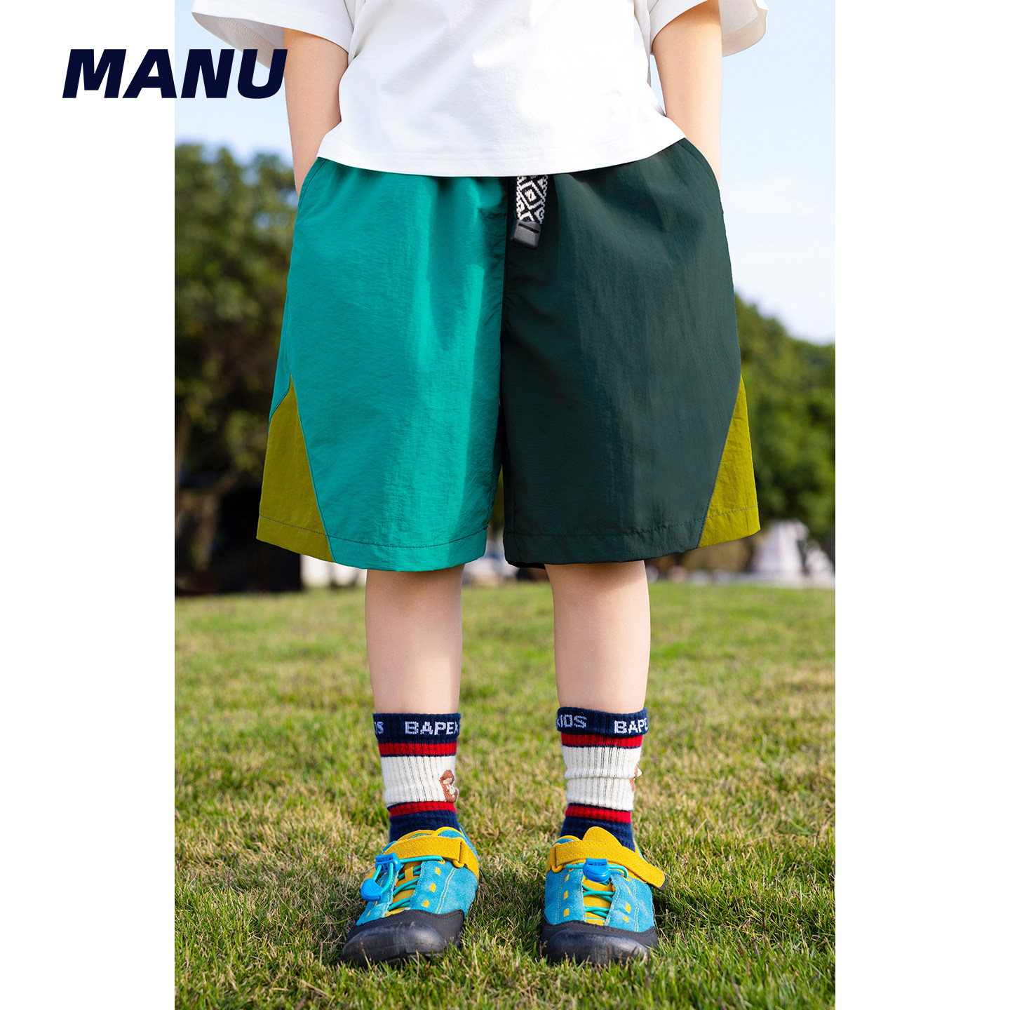 速干防水 MANUKIDS童装男童26夏季三色拼接腰带中大童五分裤短裤