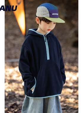 5A抗菌加绒 MANUKIDS童装男童25冬季撞色连帽加厚中大童卫衣外套