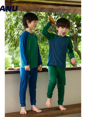 MANUKIDS家居服男童25秋冬德绒撞色条纹保暖加绒中大童睡衣套装