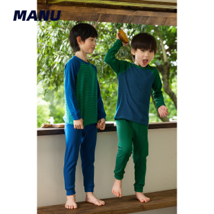 MANUKIDS家居服男童25秋冬德绒撞色条纹保暖加绒中大童睡衣套装