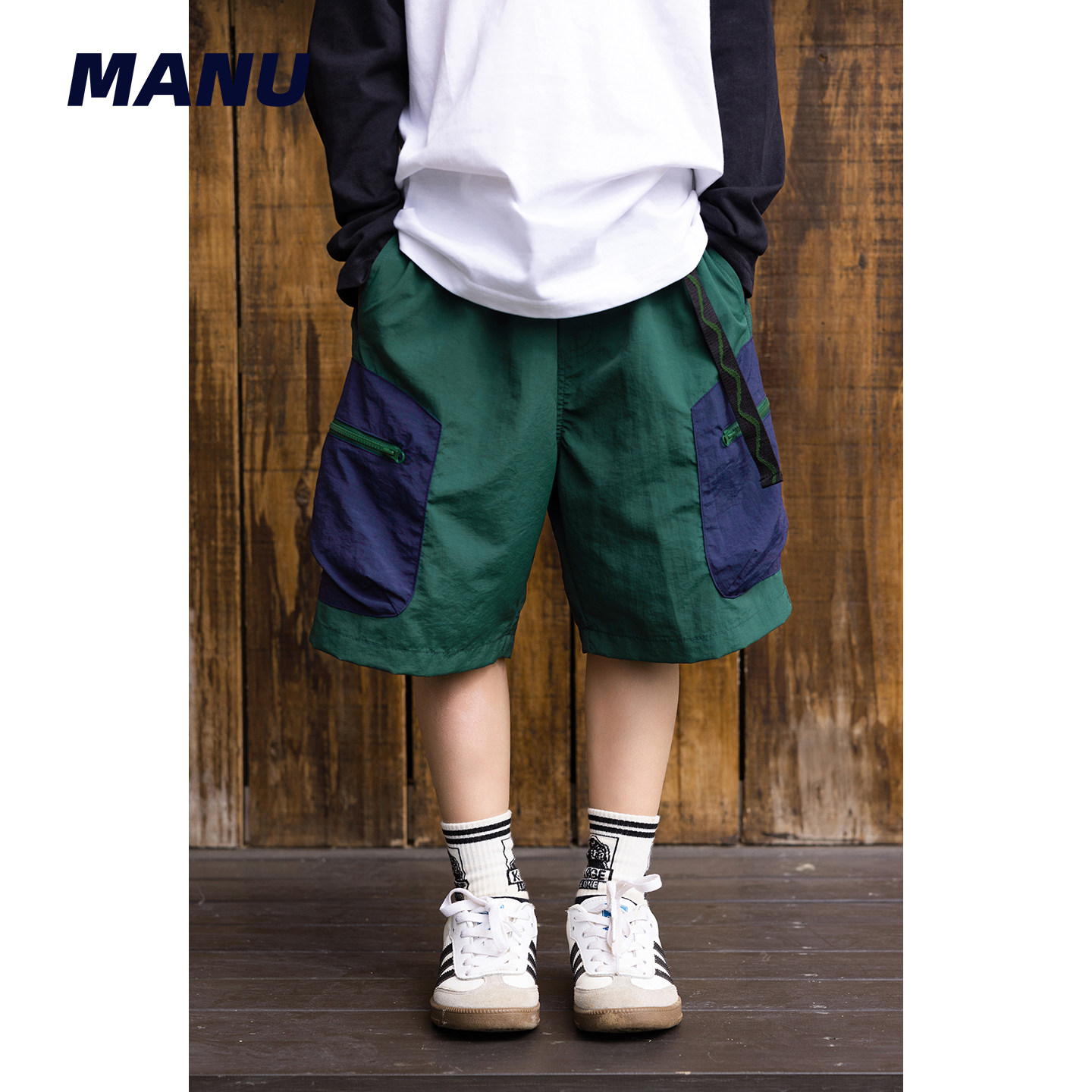 速干防水 MANUKIDS童装男童26夏季撞色拉链口袋中大童五分裤短裤