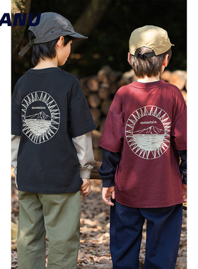 MANUKIDS童装男童25秋季山系卡通印花纯棉假两件中大童长袖T恤