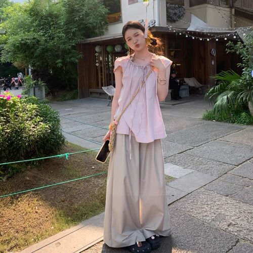 韩系甜美清冷感粉色系带短袖衬衫