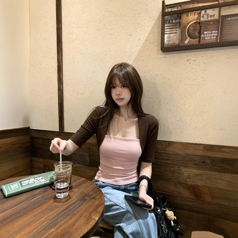 韩系假两件撞色坎肩抹胸上衣女夏季巨好看松弛感修身百搭短袖T恤
